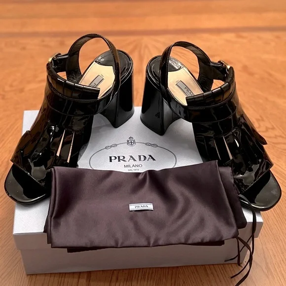 PRADA Patent Leather Kilt Block-Heel Sandals - Picture 7 of 15